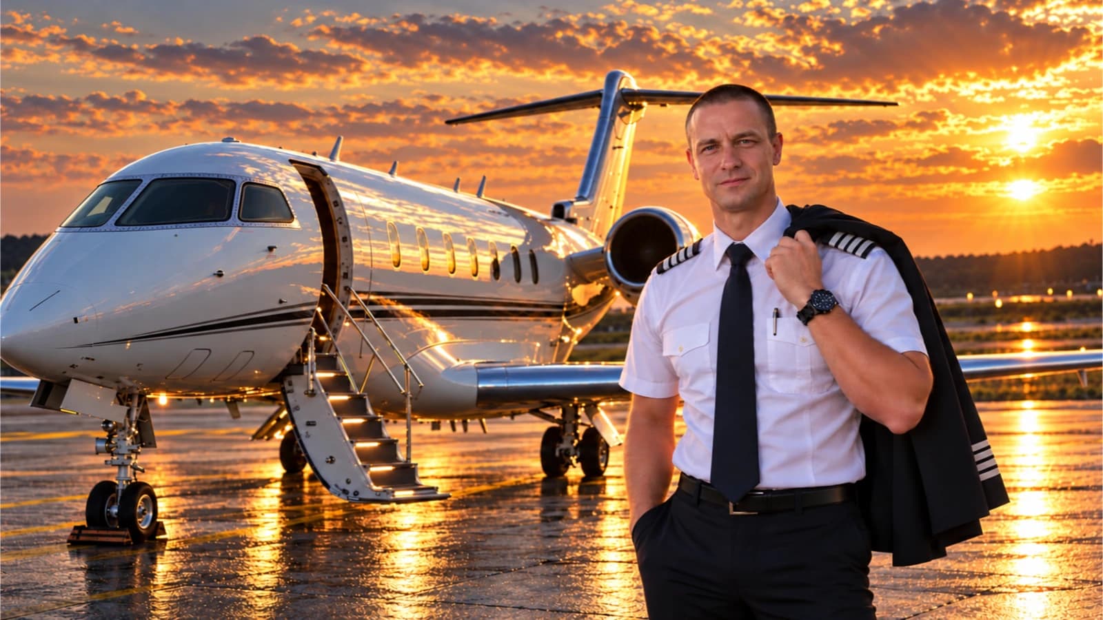 Marcin Szpecht, freelance CL30 Captain, with a Challenger business jet